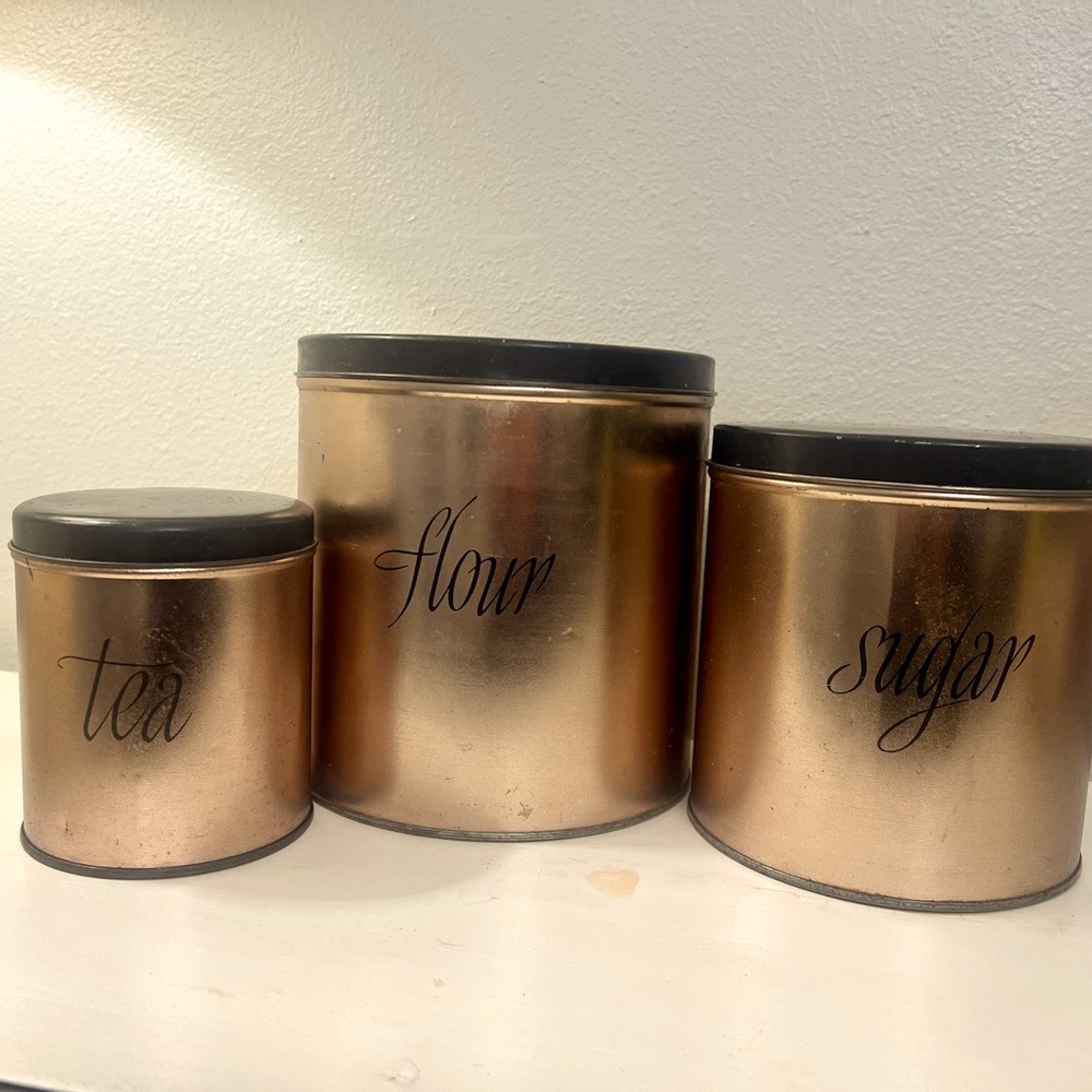 Set of 3 vintage nesting flour, sugar, tea  metal canisters